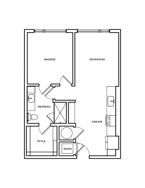 A floor plan of a house with labeled rooms such as "SNOOZE", "ENTERTAIN", "REFRESH", "CREATE", "STYLE", and "WASH".